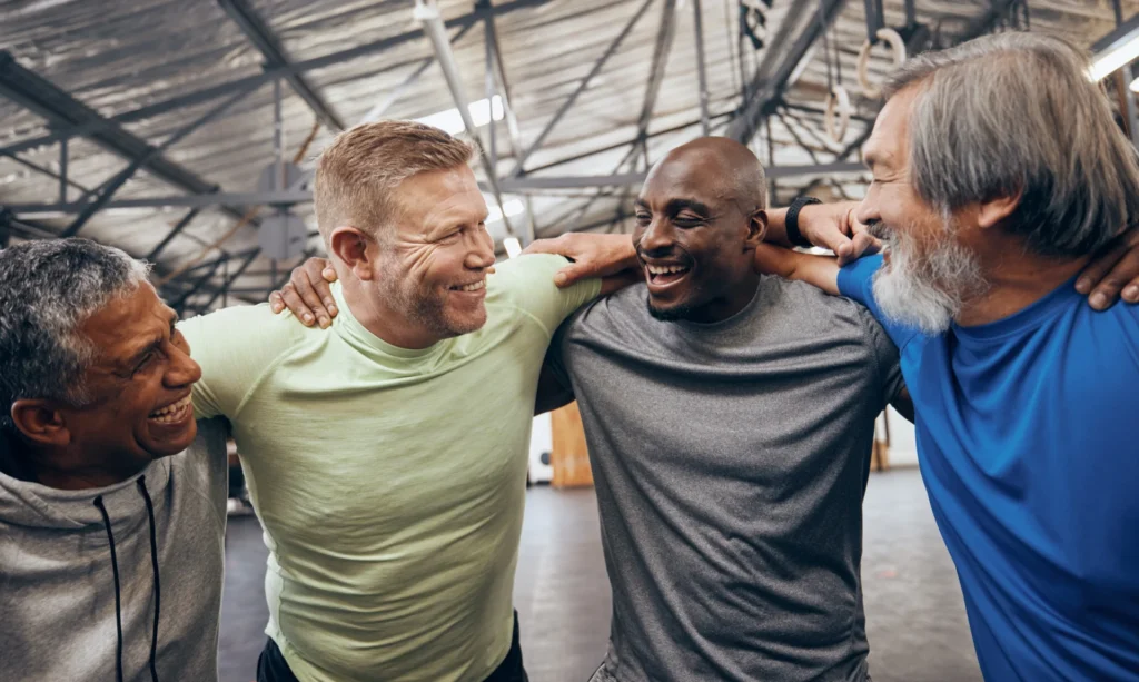men embracing and smiling in a gym setting 2026 09 22 04 31 48 utc