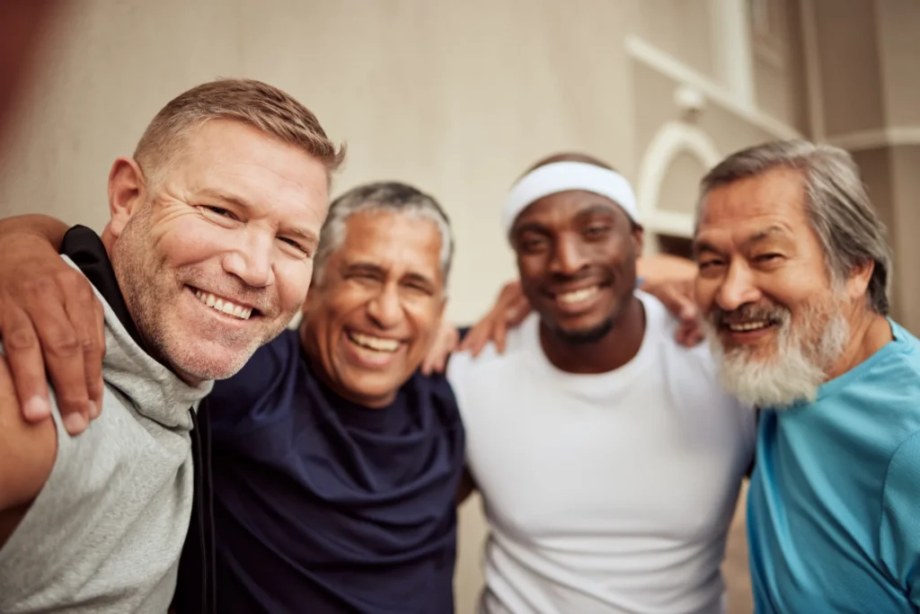 smiling men friends embrace outdoors 2026 09 24 12 54 15 utc